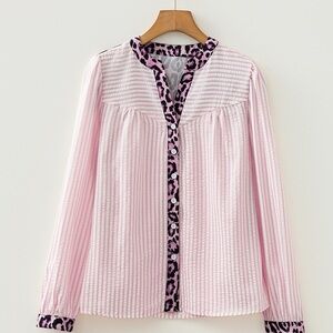 Trendy Boutique Pink Striped Blouse with Leopard Trim